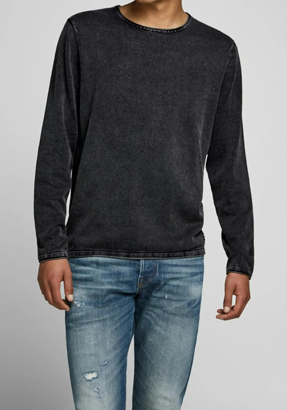 JACK & JONES slim fit trui katoen, O-hals, verwassen zwart