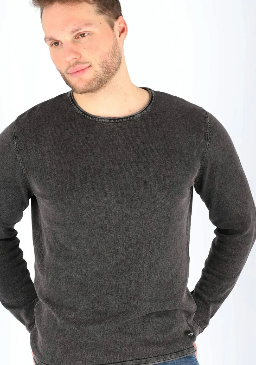 JACK & JONES slim fit trui katoen, O-hals, verwassen zwart