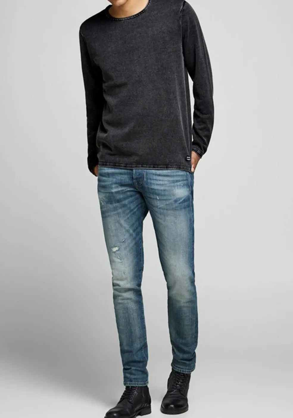 JACK & JONES slim fit trui katoen, O-hals, verwassen zwart