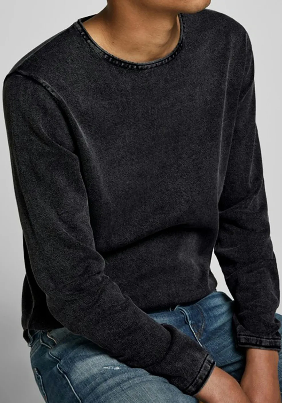 JACK & JONES slim fit trui katoen, O-hals, verwassen zwart