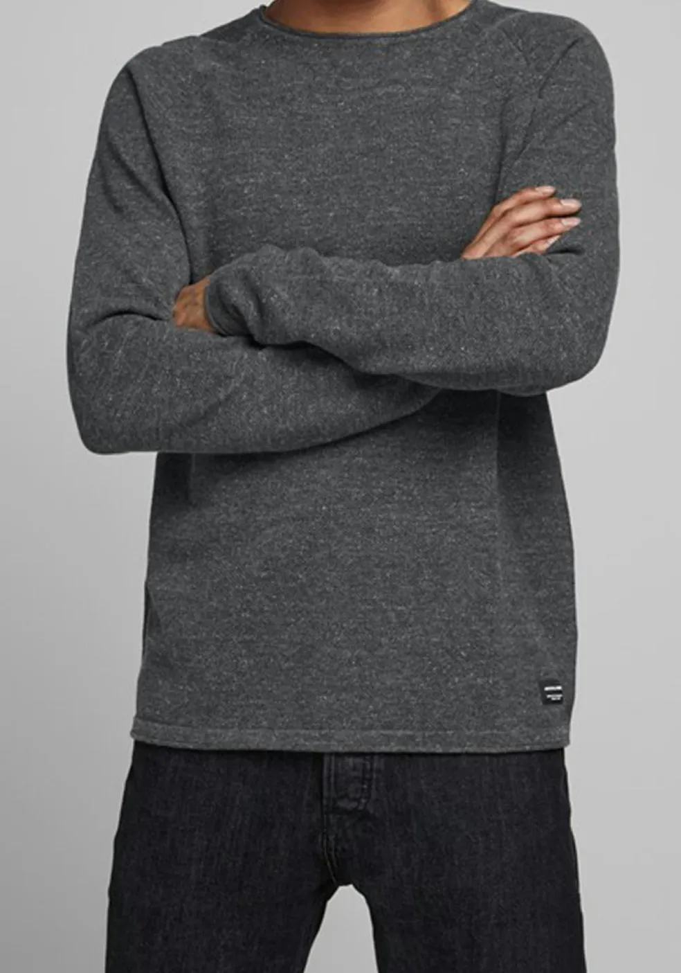 JACK & JONES slim fit trui katoen, O-hals, antraciet grijs melange