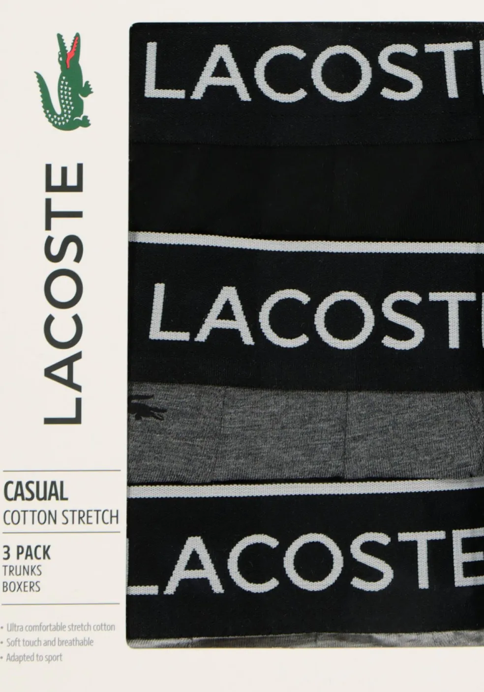 Lacoste Boxer Trunks (3-pack), heren boxers kort, grijs en antraciet met logo en uni zwart