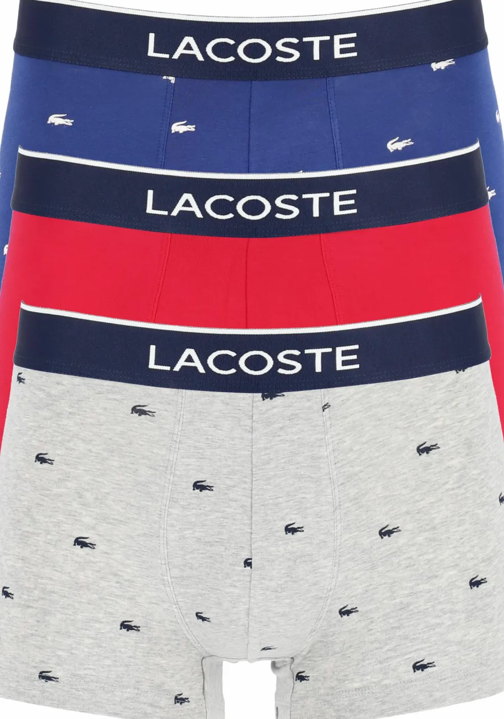 Lacoste Boxer Trunks (3-pack), heren boxers kort, grijs en blauw met logo en uni rood