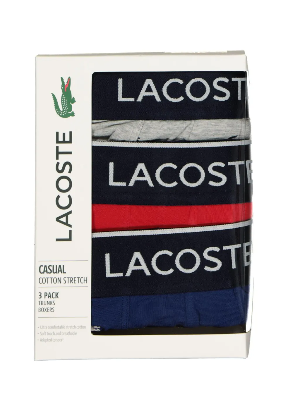 Lacoste Boxer Trunks (3-pack), heren boxers kort, grijs en blauw met logo en uni rood