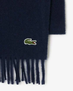 Lacoste sjaal wol met kasjmier, unisex gewoven sjaal, donkerblauw