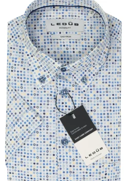 Ledub modern fit overhemd, korte mouw, popeline, wit met blauw en geel dessin