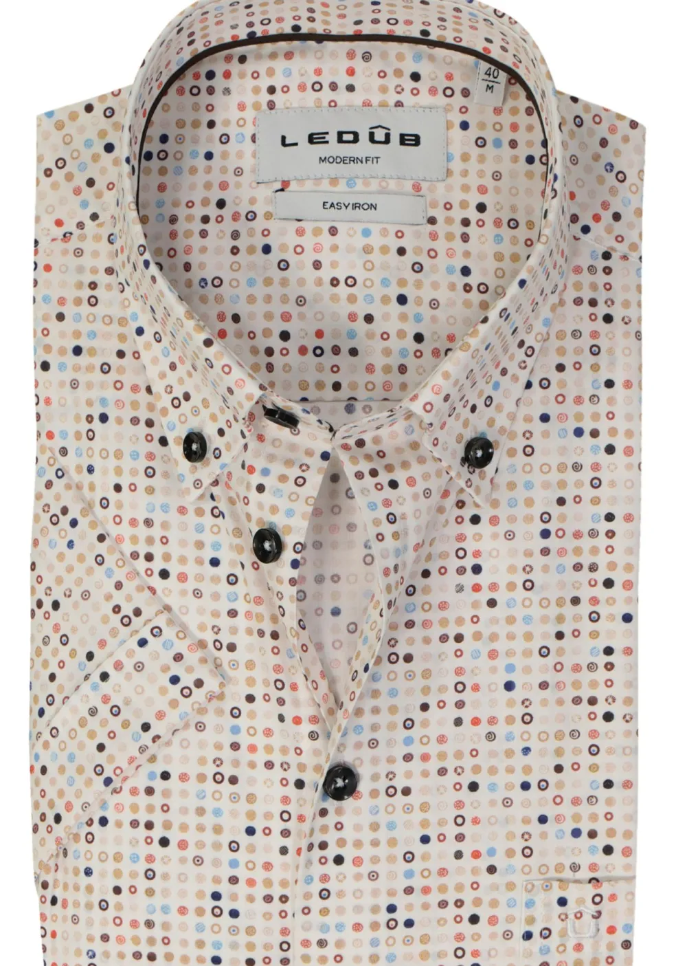 Ledub modern fit overhemd, korte mouw, popeline, wit met bruin en blauw dessin