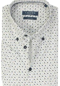 Ledub modern fit overhemd, korte mouw, wit met donkerblauw en beige dessin