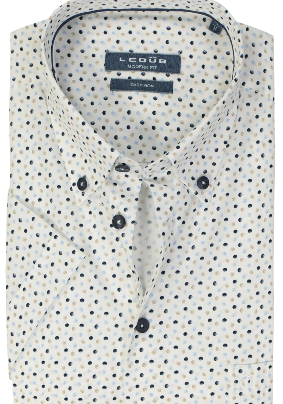 Ledub modern fit overhemd, korte mouw, wit met donkerblauw en beige dessin