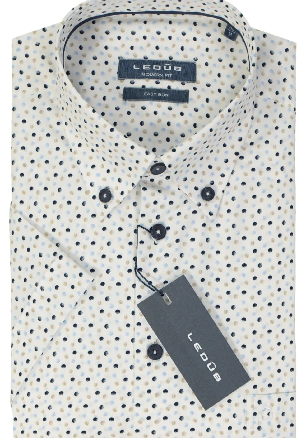 Ledub modern fit overhemd, korte mouw, wit met donkerblauw en beige dessin