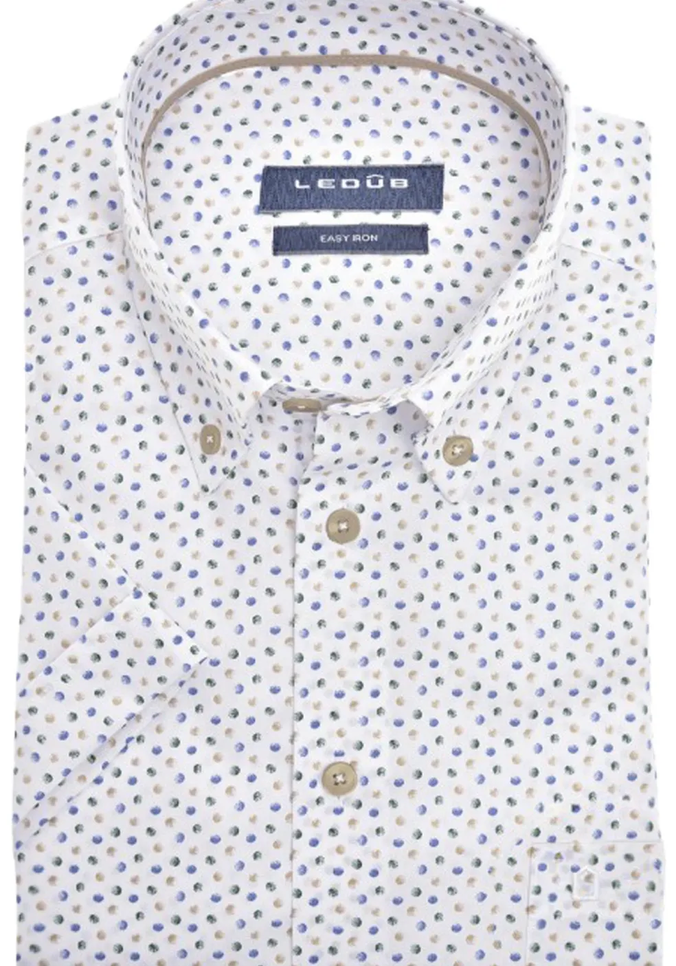 Ledub modern fit overhemd, korte mouw, wit met middengroen en blauw dessin