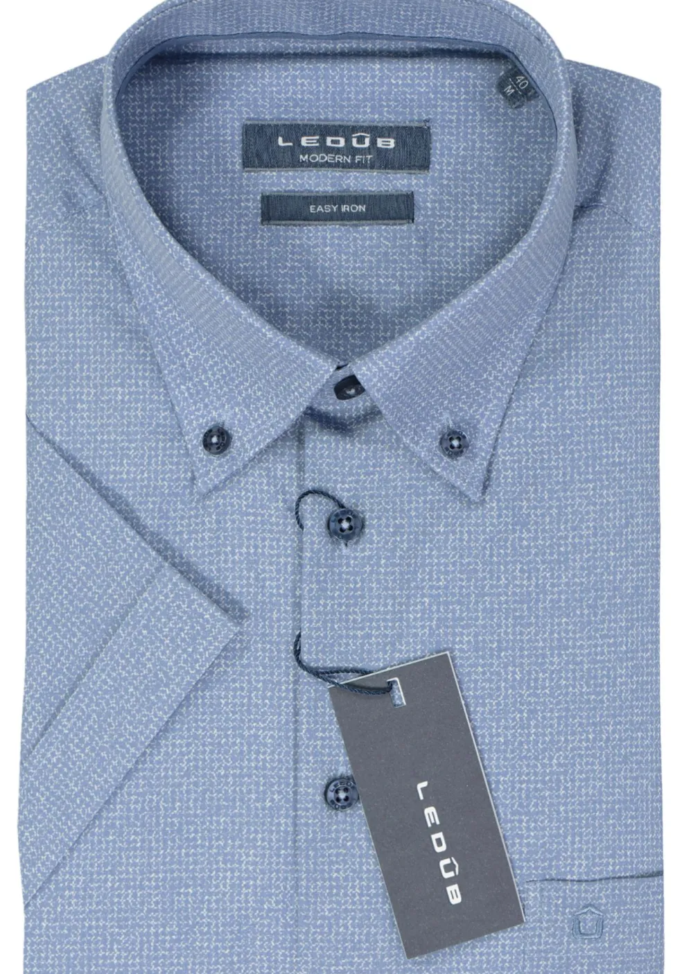 Ledub modern fit overhemd, korte mouw, middenblauw mini dessin
