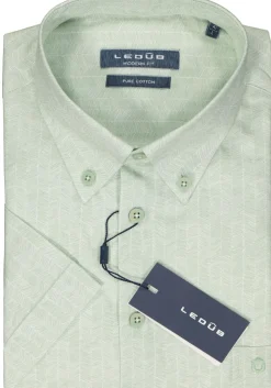 Ledub modern fit overhemd, korte mouw, popeline, lichtgroen met wit dessin