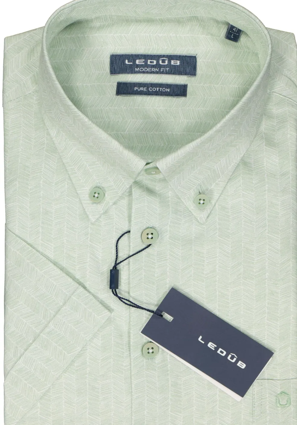 Ledub modern fit overhemd, korte mouw, popeline, lichtgroen met wit dessin