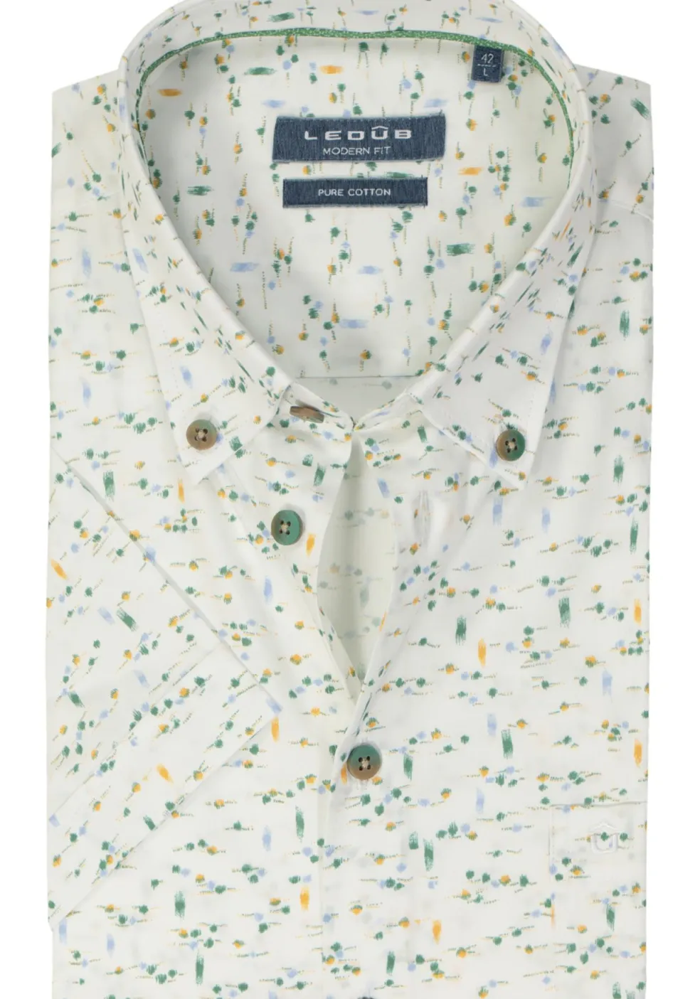 Ledub modern fit overhemd, korte mouw, wit met groen dessin