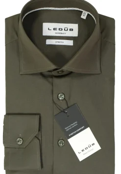 Ledub modern fit overhemd, popeline, donker olijfgroen