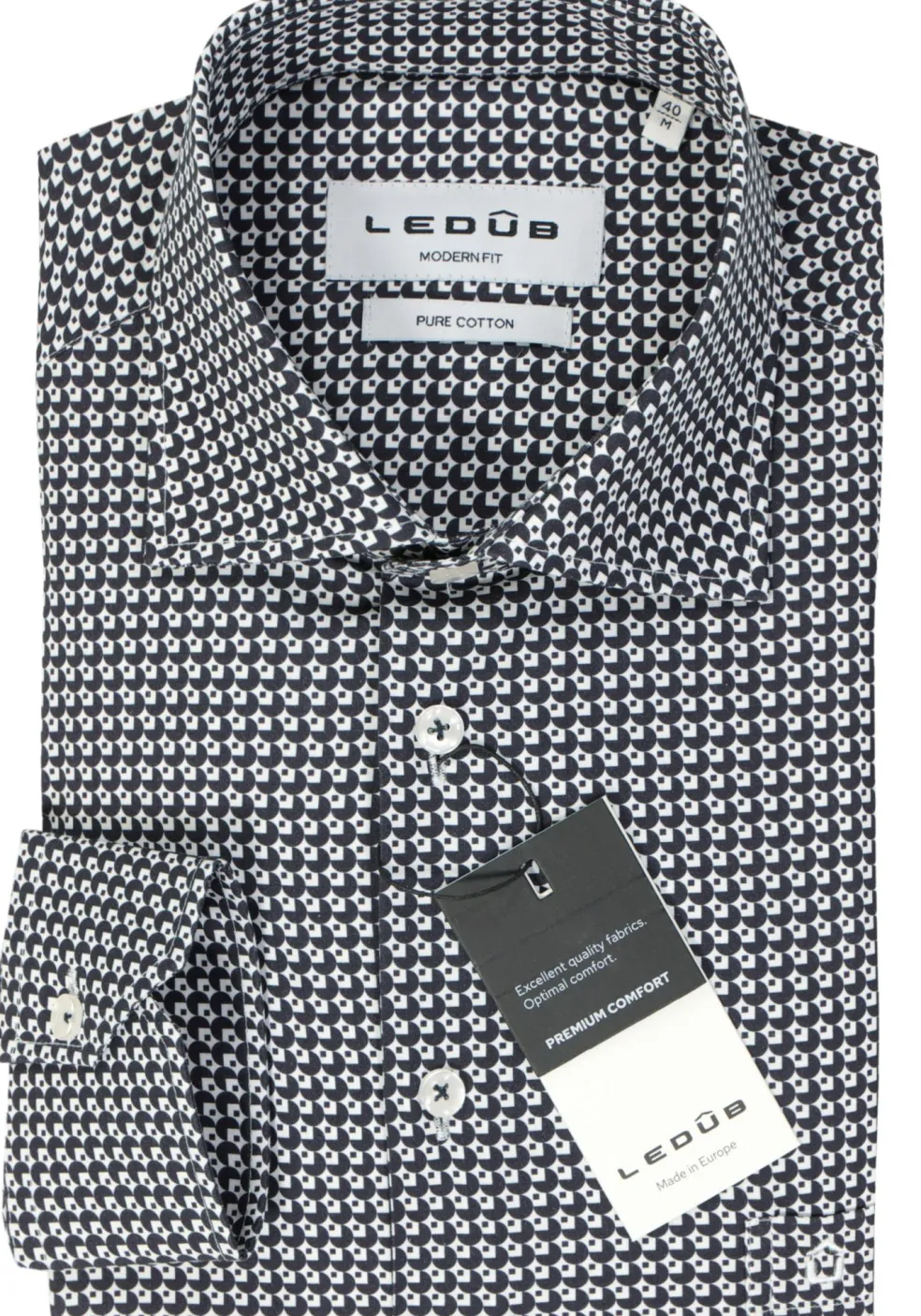 Ledub modern fit overhemd, popeline, donkerblauw met wit dessin