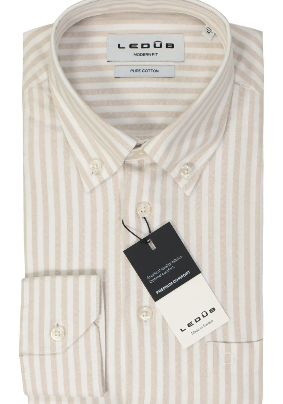 Ledub modern fit overhemd, popeline, lichtbruin gestreept