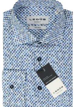 Ledub modern fit overhemd, popeline, blauw met wit en beige dessin