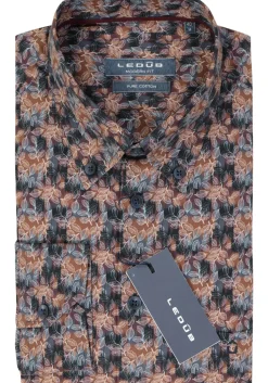 Ledub modern fit overhemd, popeline, donkerbruin dessin