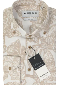 Ledub modern fit overhemd, popeline, lichtbruin met wit dessin