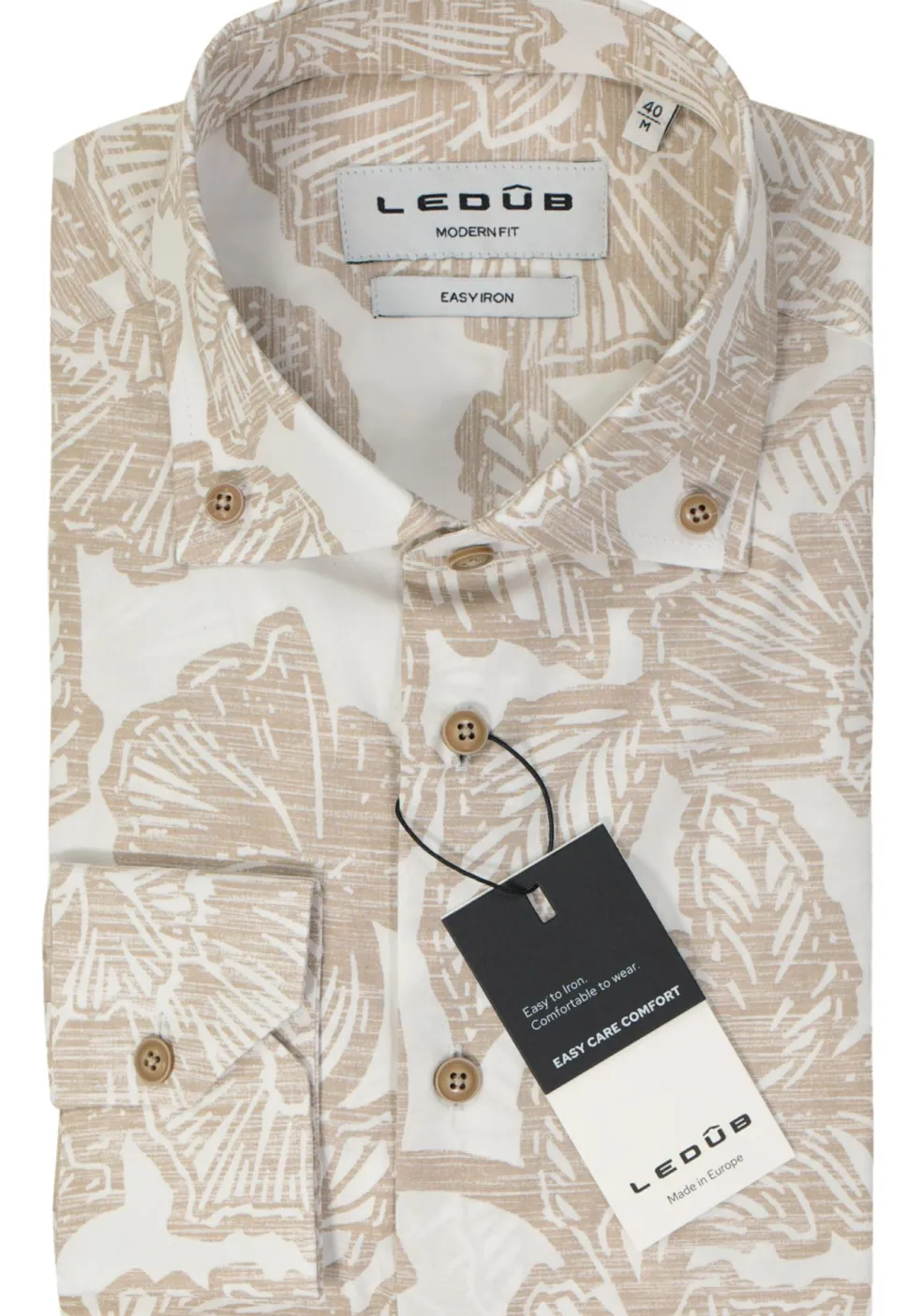 Ledub modern fit overhemd, popeline, lichtbruin met wit dessin