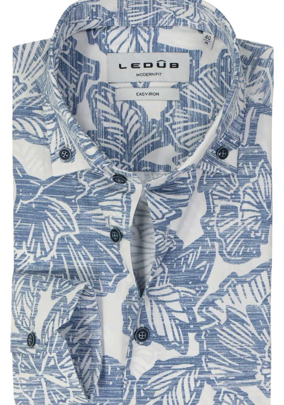Ledub modern fit overhemd, popeline, middenblauw met wit dessin