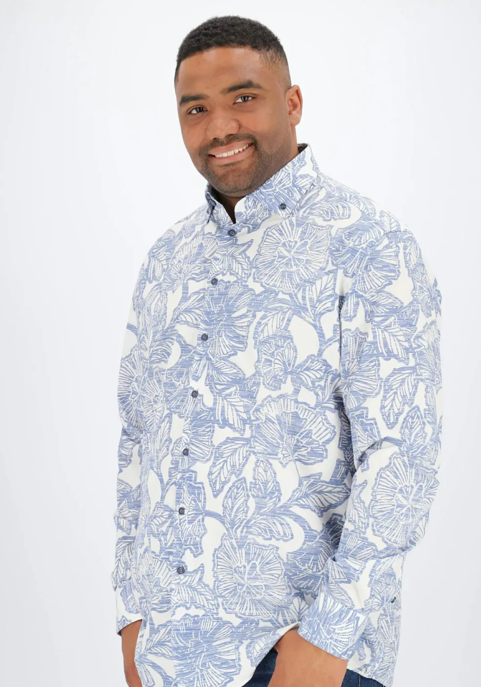 Ledub modern fit overhemd, popeline, middenblauw met wit dessin