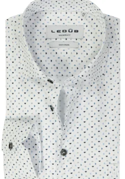 Ledub modern fit overhemd, popeline, wit met blauw dessin