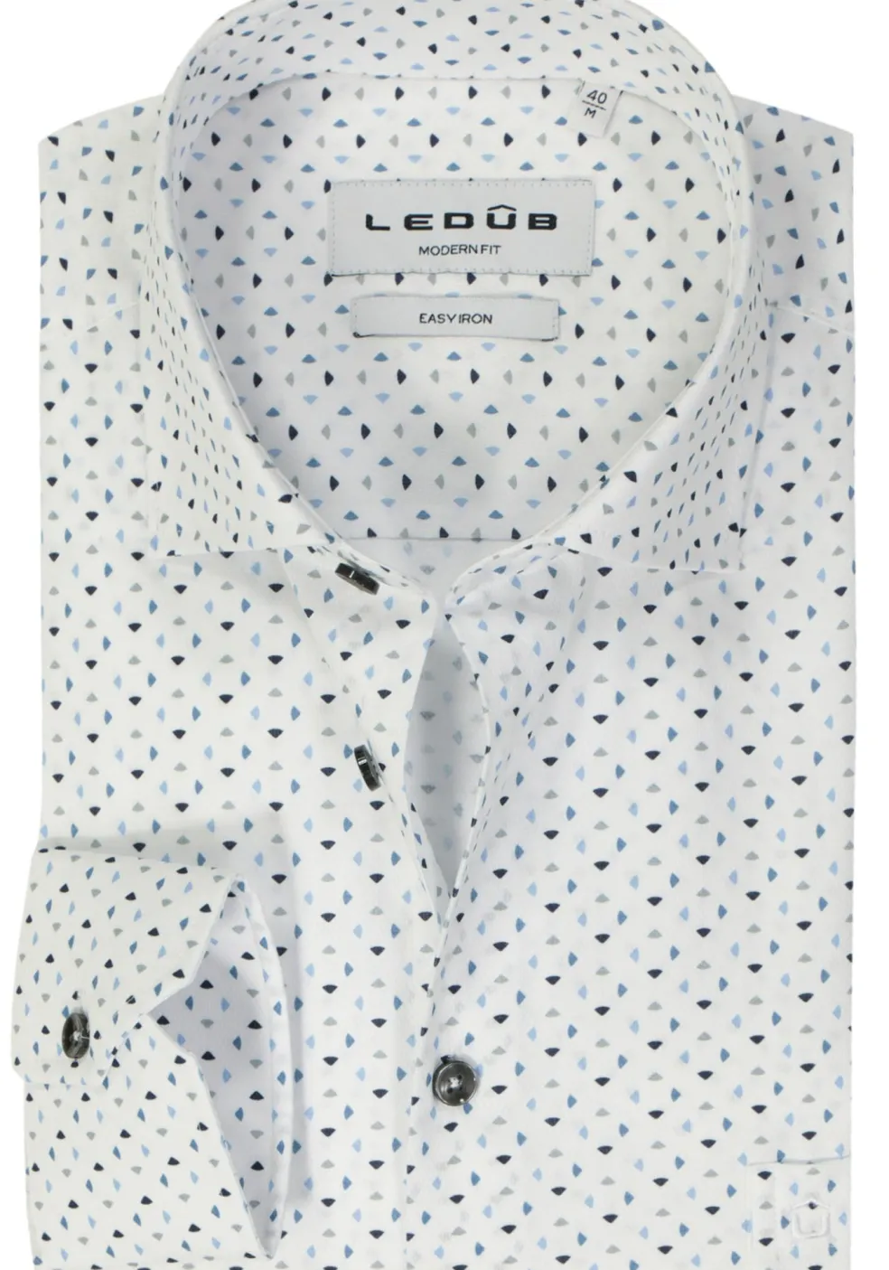 Ledub modern fit overhemd, popeline, wit met blauw dessin