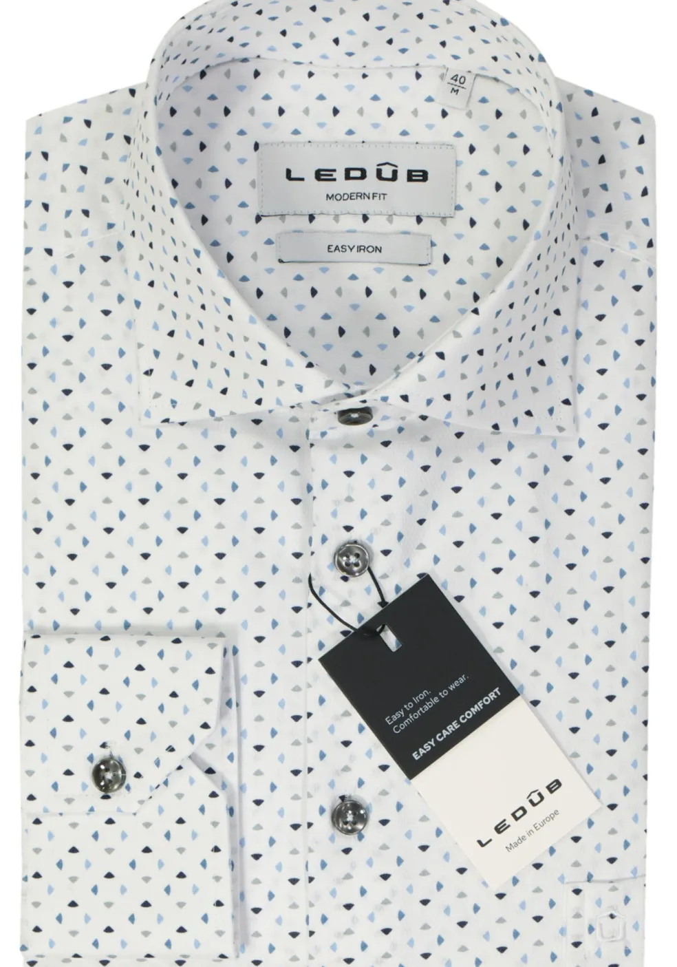 Ledub modern fit overhemd, popeline, wit met blauw dessin