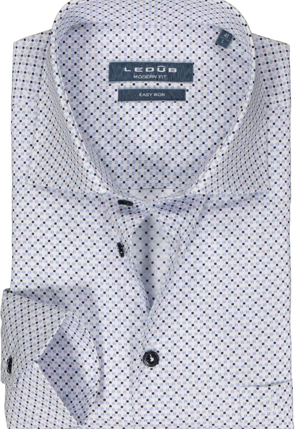 Ledub modern fit overhemd, popeline, wit met blauw dessin