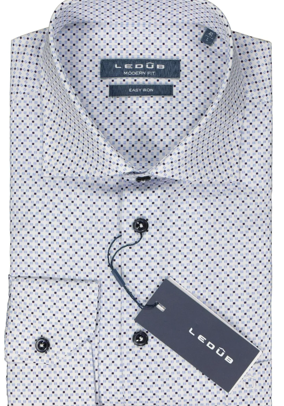 Ledub modern fit overhemd, popeline, wit met blauw dessin