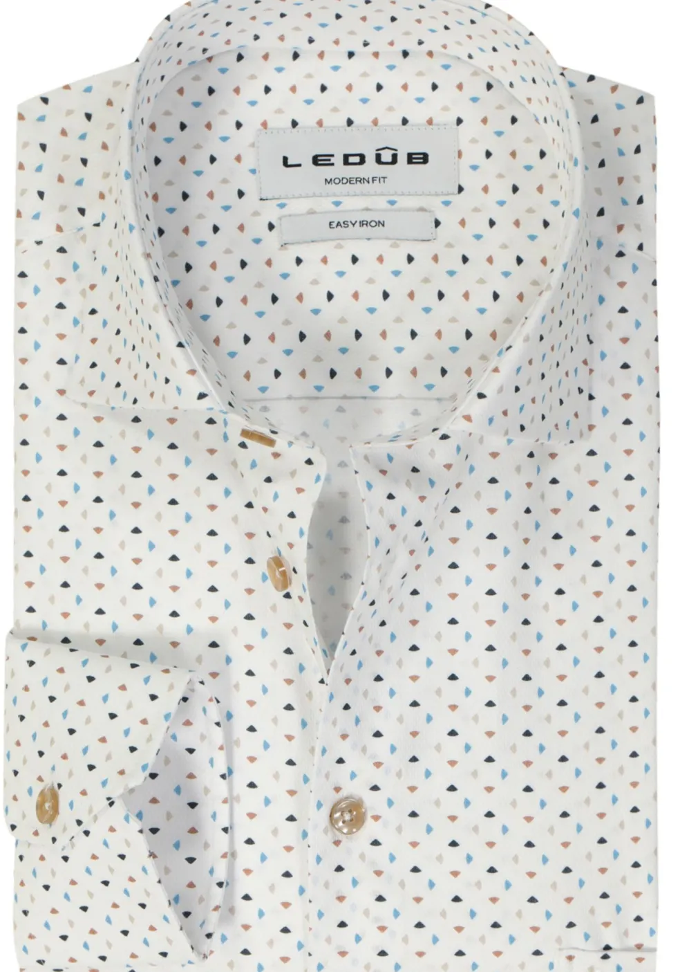 Ledub modern fit overhemd, popeline, wit met blauw en beige dessin