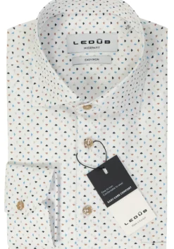 Ledub modern fit overhemd, popeline, wit met blauw en beige dessin