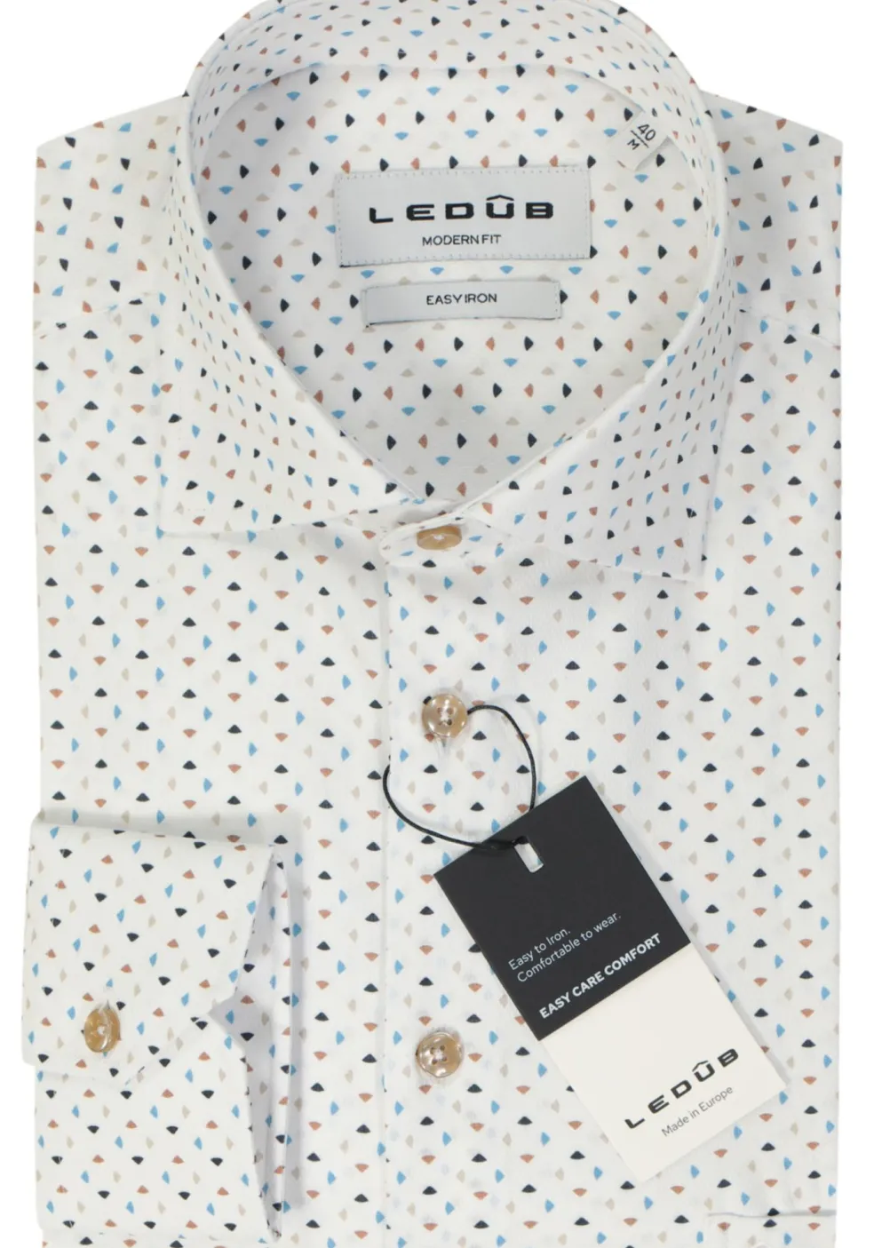 Ledub modern fit overhemd, popeline, wit met blauw en beige dessin