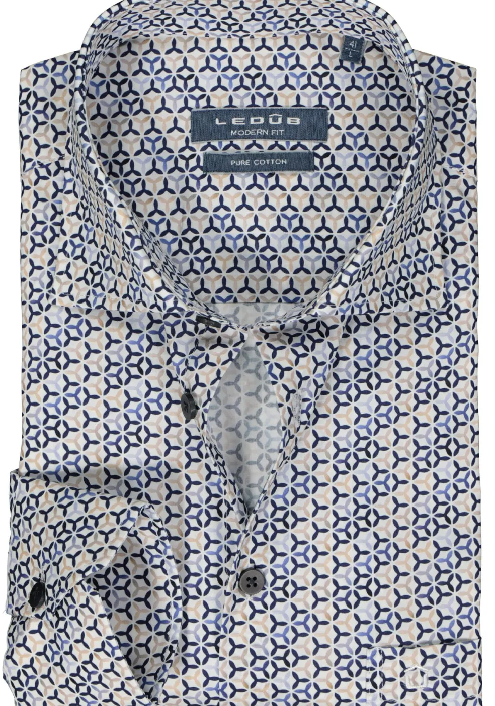 Ledub modern fit overhemd, popeline, wit met blauw en beige dessin