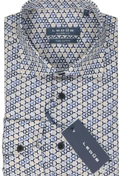 Ledub modern fit overhemd, popeline, wit met blauw en beige dessin
