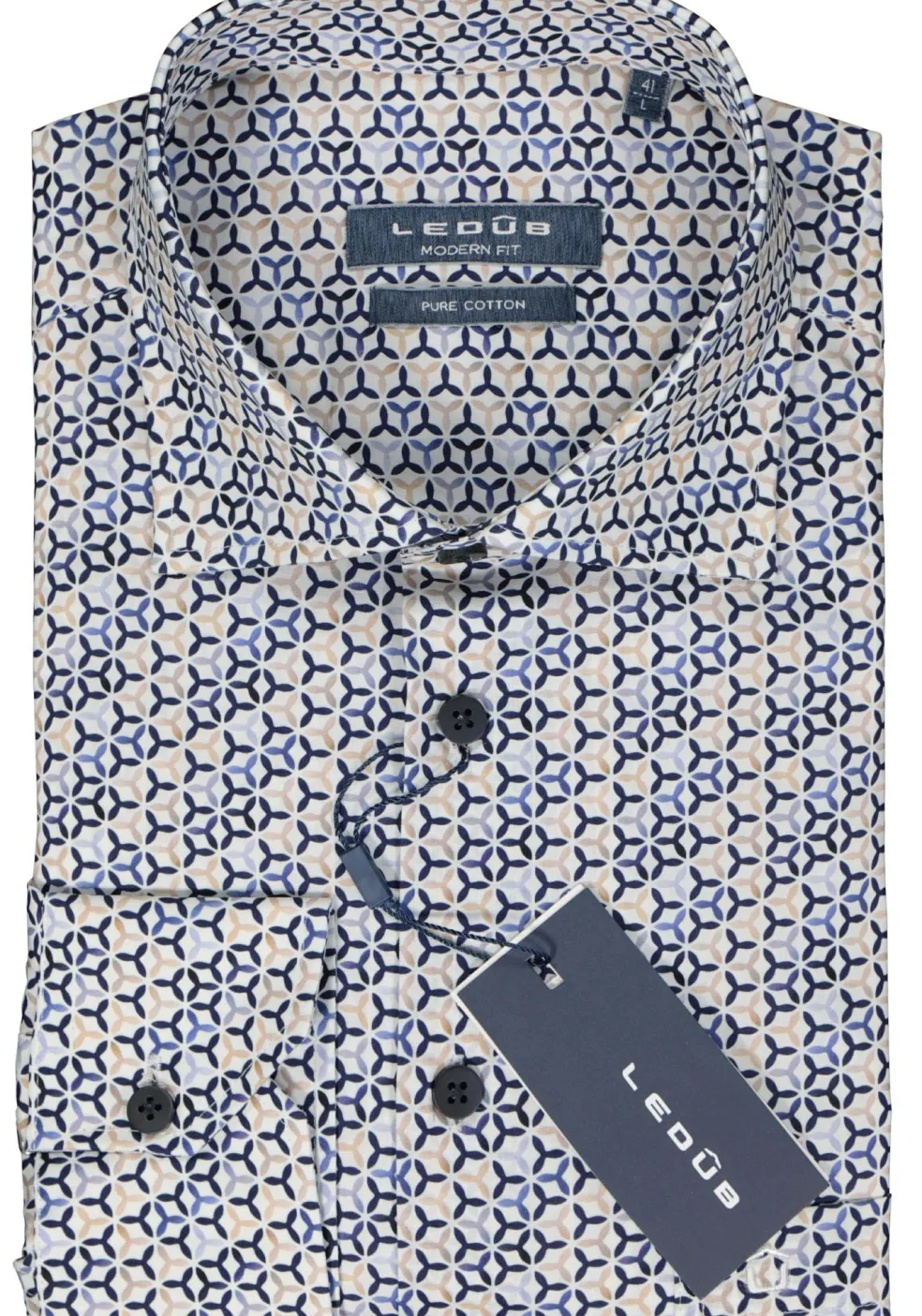 Ledub modern fit overhemd, popeline, wit met blauw en beige dessin