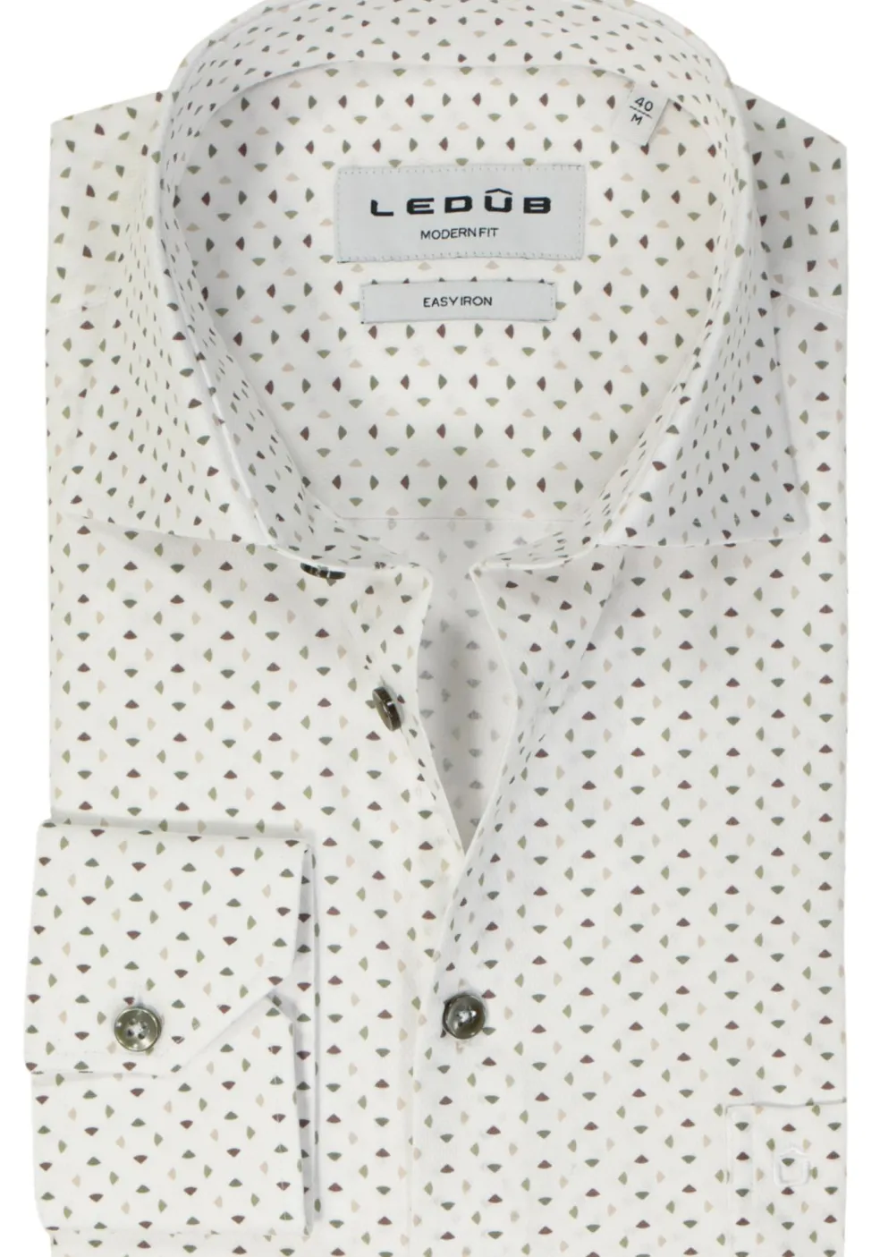 Ledub modern fit overhemd, popeline, wit met groen dessin