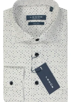 Ledub modern fit overhemd, structuur, wit met blauw en beige dessin