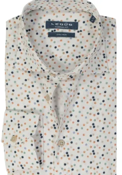 Ledub modern fit overhemd, structuur, wit met blauw, grijs en bruin dessin