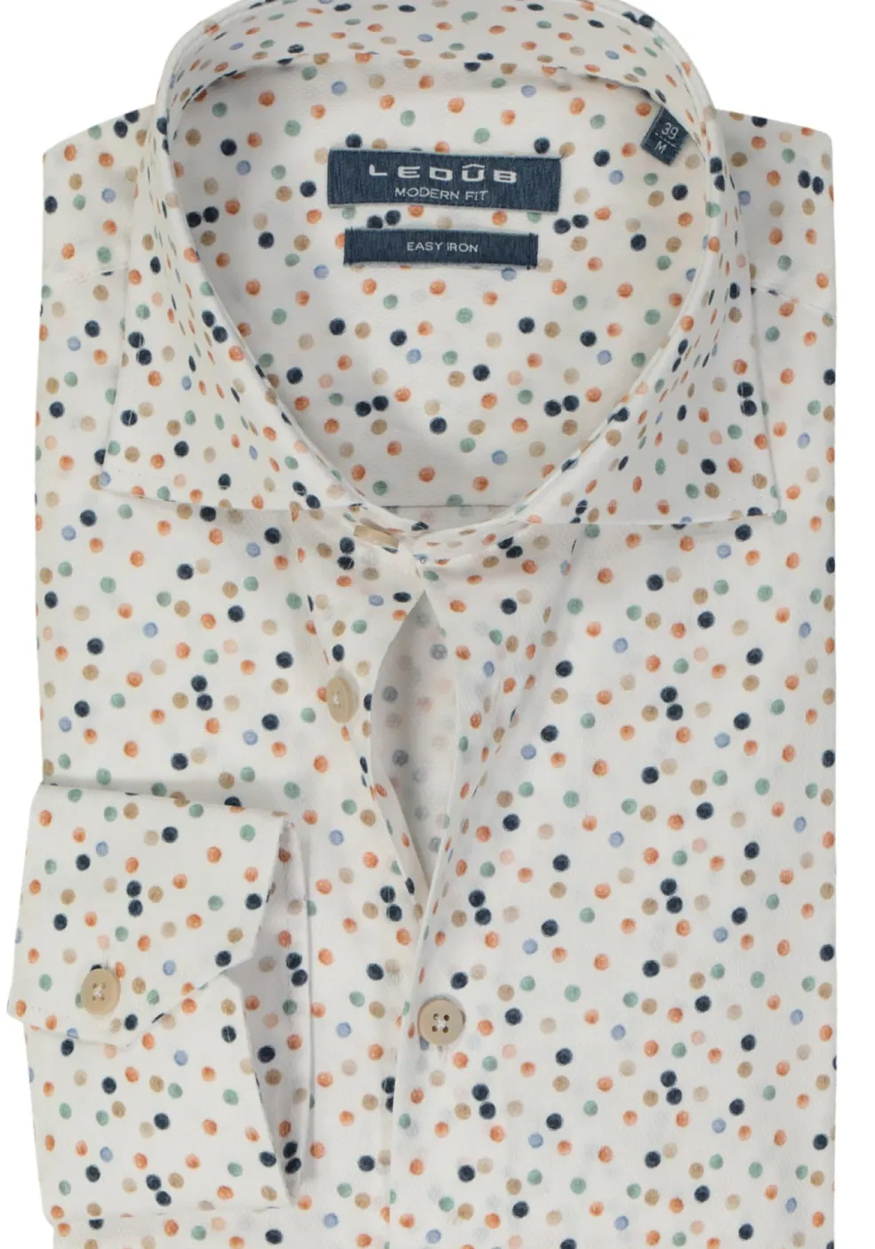 Ledub modern fit overhemd, structuur, wit met blauw, grijs en bruin dessin