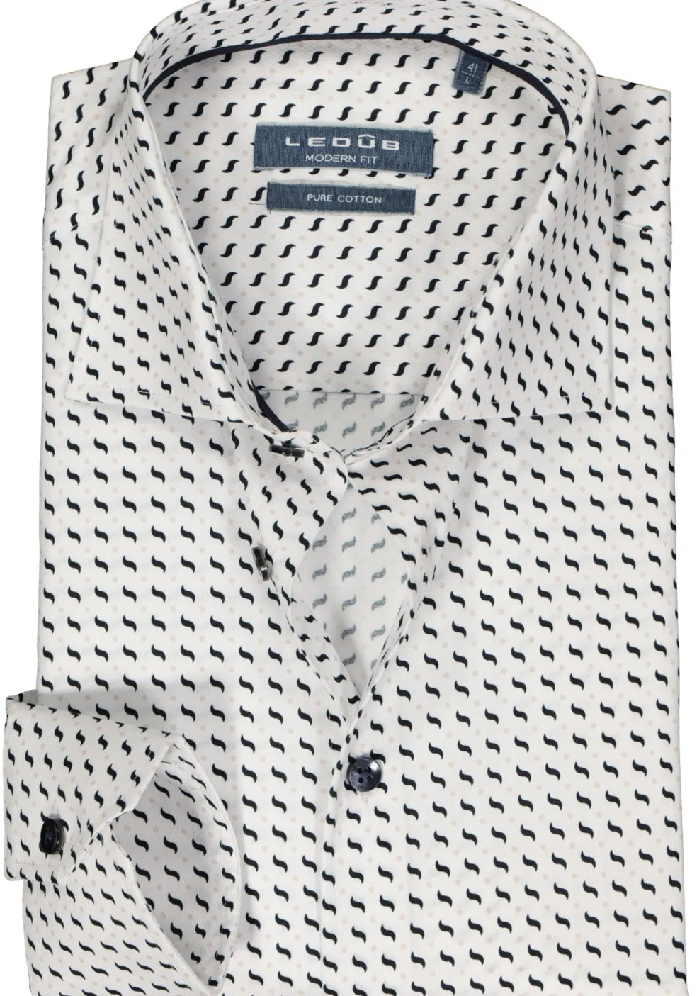Ledub modern fit overhemd, wit met blauw en beige dessin