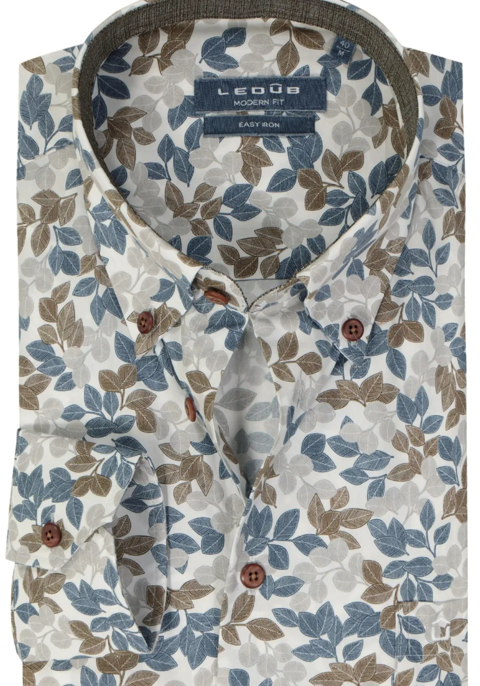 Ledub modern fit overhemd, wit met blauw en bruin dessin