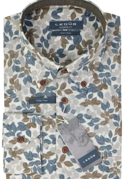 Ledub modern fit overhemd, wit met blauw en bruin dessin