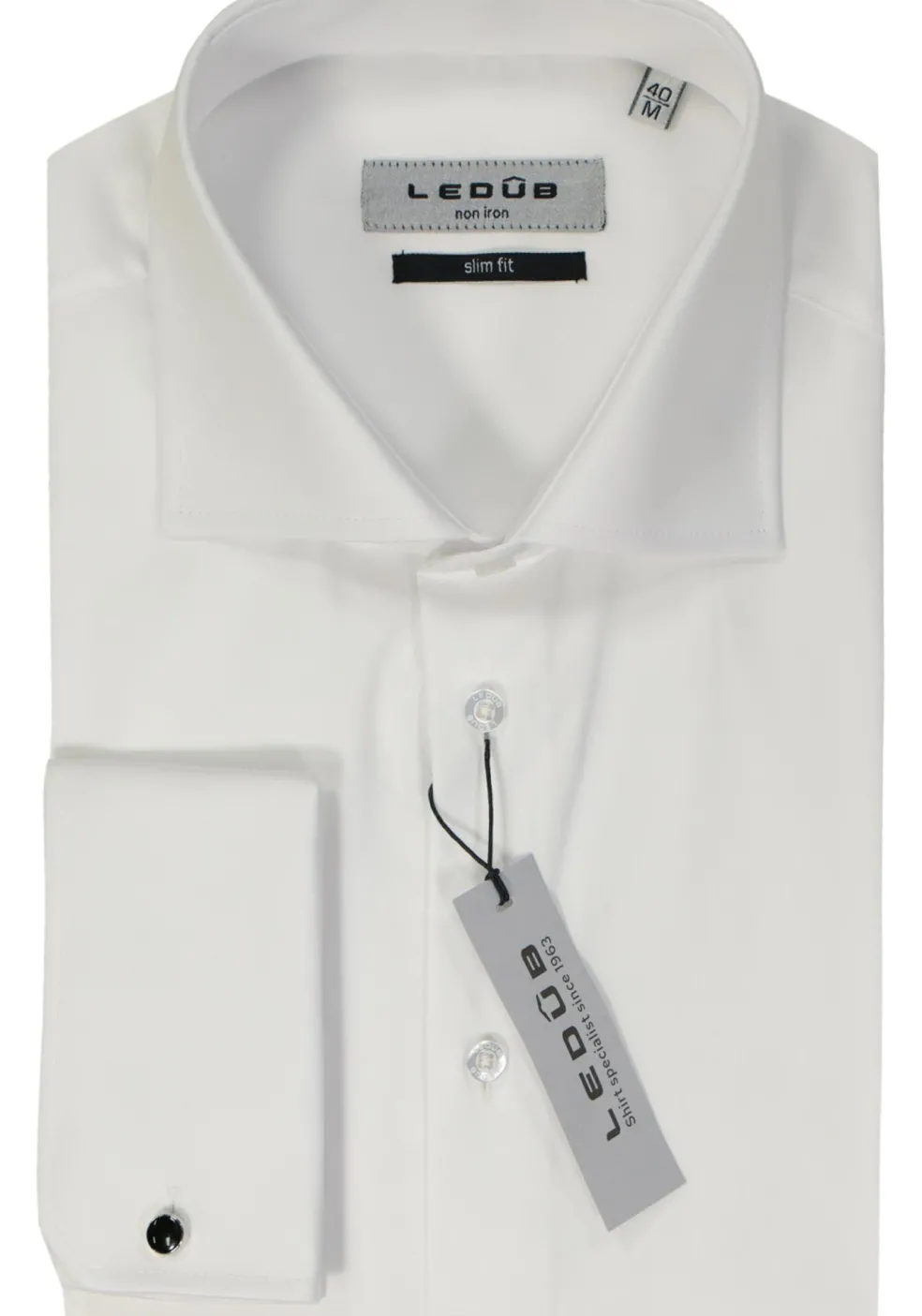 Ledub slim fit overhemd, dubbele manchet, wit twill