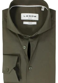 Ledub slim fit overhemd, popeline, donker olijfgroen