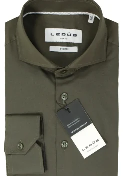Ledub slim fit overhemd, popeline, donker olijfgroen