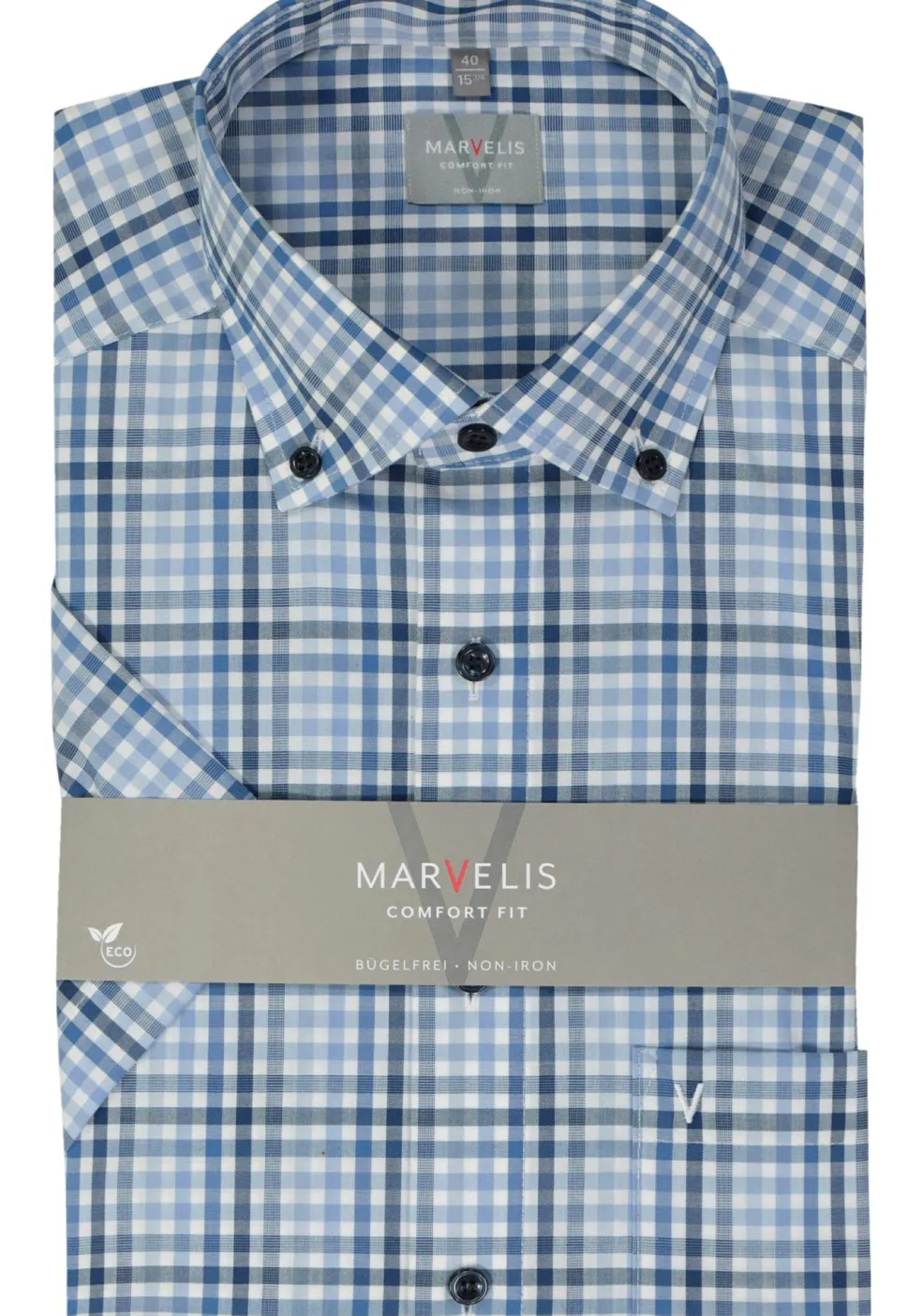 MARVELIS comfort fit overhemd, korte mouw, popeline, lichtblauw geruit